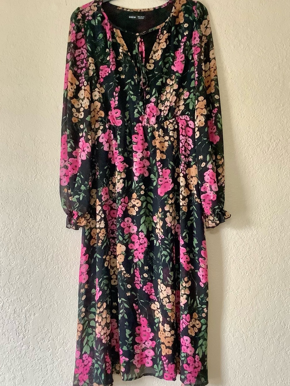 SHEIN Black Floral Midi Dress with Pink and Tan Blossoms